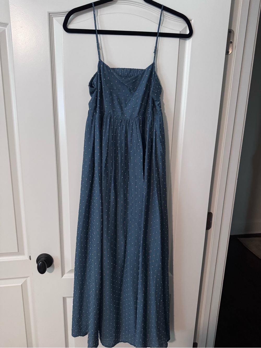 Moon River Blue Polka Dot Spaghetti Strap Maxi Dress